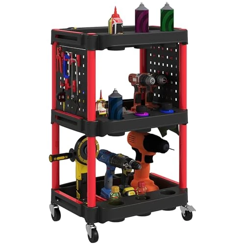 Offerta a tempo: HOMCOM Carrello Porta Attrezzi a 3 Livelli Officina in Plastica Nero Rosso - 38% da 57.95 € a 35.68 €