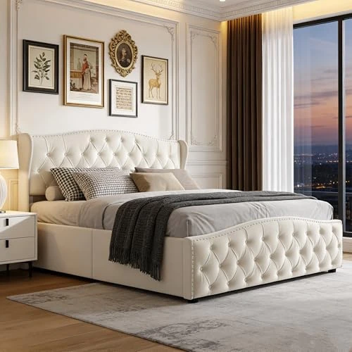 BRILVERDE Lit Double 160x200 avec Rangement, Lit Coffre avec sommier à Lattes et tête de lit rembourrée, pour Adultes et Adolescent, Velours (Beige, 160 x 200 cm)