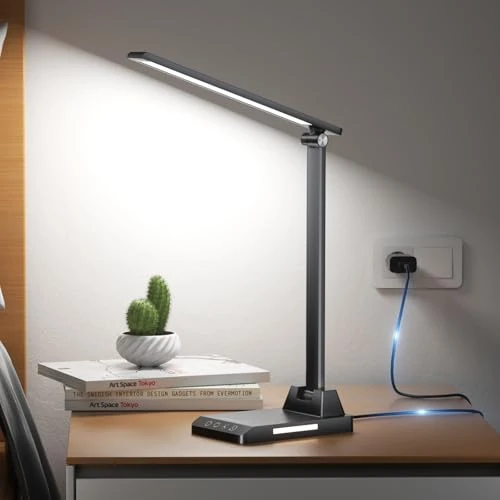 Offre limitée : Lampe de Bureau LED, 5 Modes de Couleur 10 Niveaux de Luminosité, Lampes Bureau de Protection des Yeux, Contrôle Tactile, Alimentation USB-C, Lampe de Chevet Avec Fonction Minuterie - Noir de 18.04 EUR à 18.04 EUR (remise 0%)