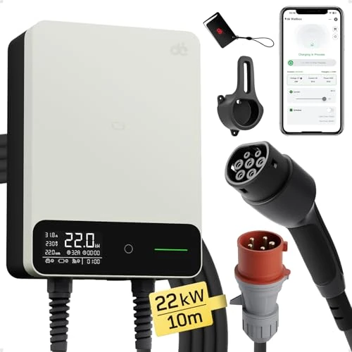 Offerta a tempo: dé Wallbox 22kW [10m, 6-32A, Trifase] Colonnina Ricarica Auto Elettrica con APP e RFID e Supporto, EV Stazione di Ricaric con RCD Tipo B e Protezione IP54, per BEV/PHEV, Bianco - 13% da 351.45 € a 304.88 €