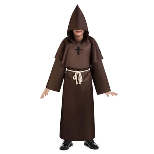 AUYAO Kid Monk Costume, Children Cloak Robe Cosplay Fancy Dress, Kids Medieval Hooded Robe Priest Outfits Renaissance, Kid Hooded Cloak Knight Vintage Wicked Costumes Halloween Carnival Cosplay(Brown)