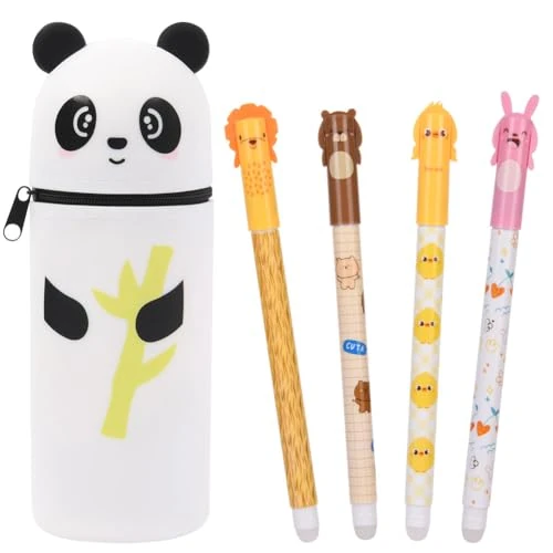ãOFFCUP Kawaii piórnik z silikonu, piórnik 2 w 1, piórnik z 4 długopisami, teleskopowy, z motywem kreskówki, dla dziewcząt i chłopców, PandaÓ