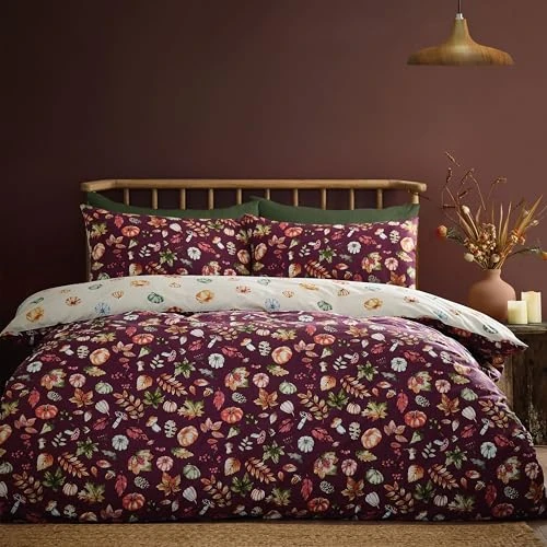 Offerta a tempo: Catherine Lansfield Autumn Pumpkins - Set copripiumino reversibile per letto king size, con federe, colore: prugna - 17% da 42.88 € a 35.42 €