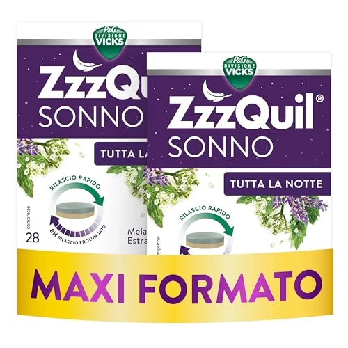 Offerta a tempo: ZzzQuil Tutta La Notte Integratore Per il Sonno, Melatonina con Valeriana, Melissa e Vitamina B6, con rilascio prolungato di melatonina ed estratti botanici per 8 ore, 28 x 2 Compresse - 0% da 31.60 € a 31.60 €