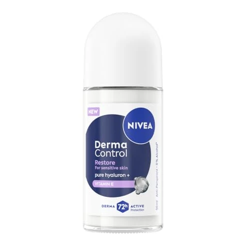 NIVEA Deodorante Roll on Derma Control Restore 50 ml, Deodorante donna antitraspirante per una protezione 72h, Formula senza alcool con Acido Ialuronico e Vitamina E per la cura della pelle sensibile