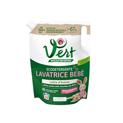 Vert - Ecodetergente Lavatrice Bebè - Fragranza Latte d'Avena, 100% Origine Naturale, Superefficace anche sulle Macchie del Bebé, Ipoallergenico, per Pelli Sensibili - Flacone da 1200 ml, 30 Lavaggi