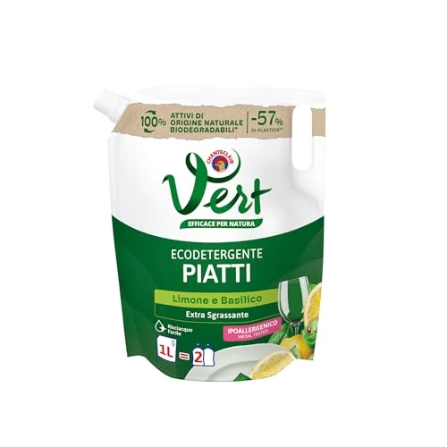 Vert - Ecodetergente Piatti - Fragranza Limone e Basilico, 100% Origine Naturale, Funzione Extra Sgrassante e Risciacquo Facile, Ipoallergenico, Adatto anche a Pelli Sensibili - Flacone da 1000ml