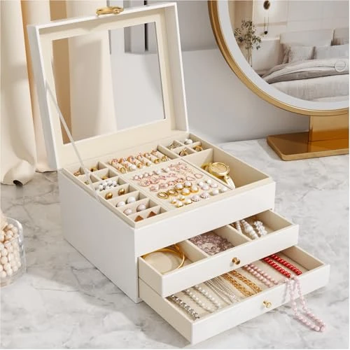 Offerta a tempo: Grande Scatola Portagioie Donna 3 Livelli – Organizer Gioielli Elegante con 24 Scomparti – Custodia per Anelli, Collane e Bracciali con Coperchio Trasparente – Regalo Perfetto per Donna (Bianco) - 63% da 69.99 € a 25.99 €