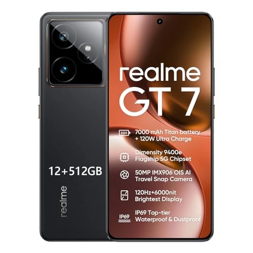 Oferta limitada: realme GT7 5G Smartphone con Dimensity 9400e Flagship Chipset, 50MP IMX906 OIS Camera, 7000mAh Titan Battery, 120W Fast Charge, 6000nits Pro-Esports Display, IP69, Android 15, 12+512GB - Negro de 479.00 EUR a 479.00 EUR (ahorro 0%)