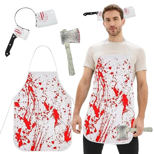 Gigquake M Butcher Costume Halloween, Halloween Butcher Costume Hello ween Knife in Head Fake Axe Bloody Apron Costume Men Women Horror Adult Teenager Tattoo Face Cosplay Party