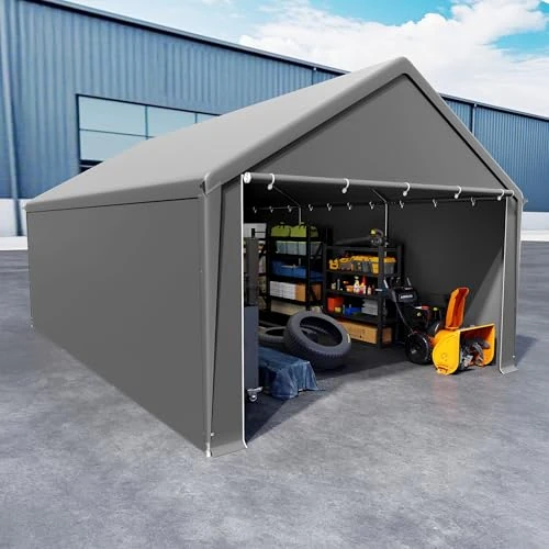 UISEBRT Tenda da magazzino, 4 x 6 m, impermeabile, con robusto telone in PE e telaio in acciaio, ideale come garage per attrezzi, attrezzi da giardino, pallet (grigio)