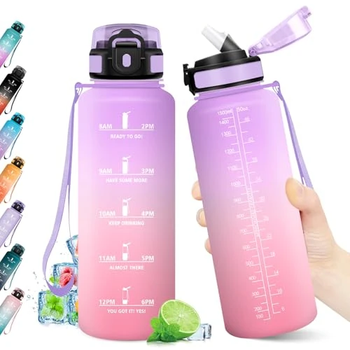 KollyKolla Trinkflasche 1.5L, Sport Wasserflasche mit Strohhalm, BPA-frei, mit Zeitmarkierung, Auslaufsicher, Trinkflasche für Gym, Fahrrad, Büro, Outdoor, Erwachsene, Schule, Yoga, Sport