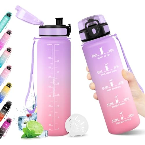 Waterfles, 1 l, herbruikbaar, met filter, BPA-vrije waterfles, motiverende tijdweergave, lekvrij, ideaal voor volwassenen, kinderen, school, kantoor