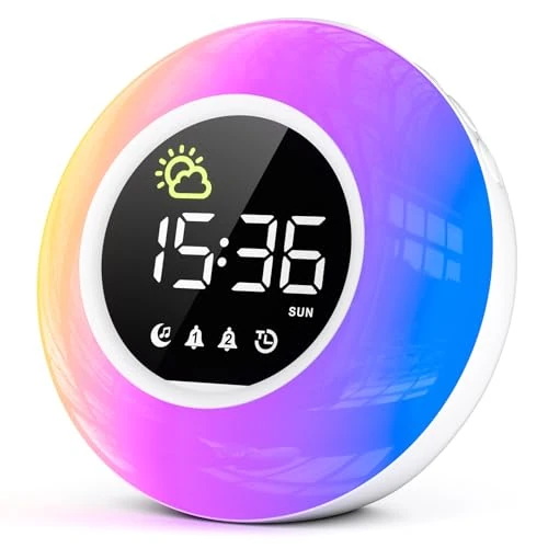HERMIC Children's Alarm Clock - Sleep Trainer with Night Light, 12 White Noises, 2 Alarms, Snooze Function and Timer (15/30/60/90/120 Minutes) - Ideal for Beginners to School, Boys and Girls