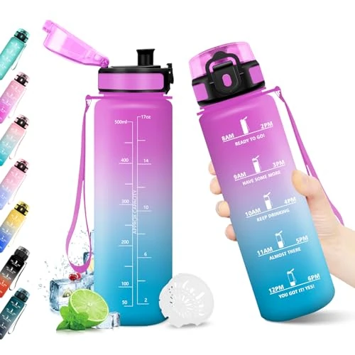 KollyKolla Drinking Bottle 500 ml, Leak-Proof, BPA-Free, Suitable for Carbonated Drinks, Water Bottle with Filter and Time Marking, Water Bottle for Children, Gym, Camping, Hiking, Bike, Yoga, Sports