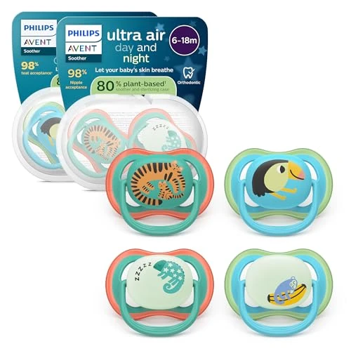Limited-time offer: Philips Avent Ultra Air Day & Night Soothers - Orthodontic Design, for Babies 6-18 Months, Glow-in-The-Dark Version, Soft Silicone Symmetrical Teat, BPA-Free, Sterilizing Cases, 4 Pack, SCF087/27 from 14.99 £ to 14.99 £ (save 0.00%)