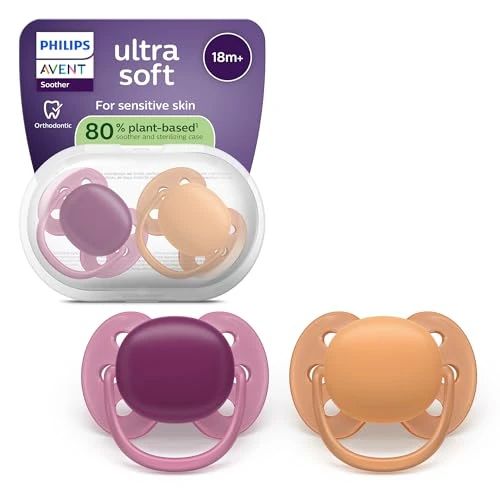 Philips Avent ultra soft Schnuller, kiefergerecht geformte Schnuller für Babys ab 18 Monaten, flexibles Saugerschild, extra fester Silikonsauger, BPA-frei, 2er-Pack, Rot und Orange, SCF093/03