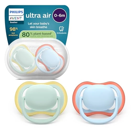 Philips Avent ultra air SCF087/01 smoczek – dopasowany do szczęki, dla niemowląt, 0-6 miesięcy, miękki, symetryczny silikonowy smoczek, nie zawiera BPA, ze zbiornikiem do sterylizacji, 2 sztuki w