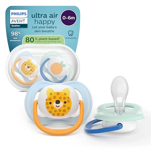 Philips Avent ultra air SCF080/23 smoczek – dopasowany do szczęki, dla niemowląt, 0-6 miesięcy, miękki, symetryczny silikonowy smoczek, nie zawiera BPA, ze zbiornikiem do sterylizacji, 2 sztuki w