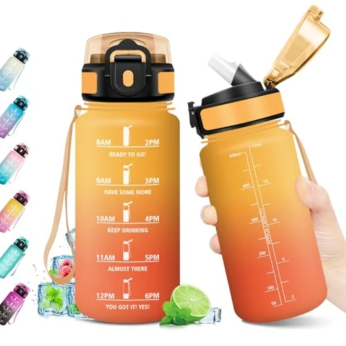 KollyKolla Cantimplora 500ml, Botella Gym sin BPA, Reutilizable, con Pajita, Garrafa Agua con Marca de Tiempo, Botella Motivacional para Niños, Adultos, Running, Deporte, Bicicleta, Oficina, Gym