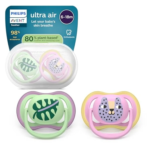 Philips Avent Sucettes ultra air - Tétines orthodontiques, pour bébés de 6 à 18 mois, en silicone souple d'origine végétale, sans BPA, avec étui de stérilisation, lot de 2, SCF087/13