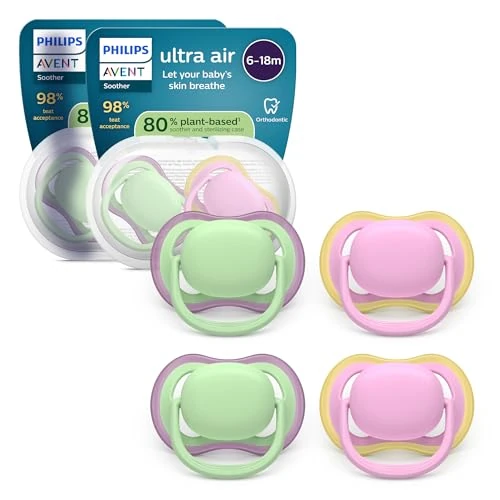 Philips Avent Ultra Start Ciuccio - Design ortodontico, per neonati 6-18 mesi, tettarella simmetrica in morbido silicone, senza BPA, 2 custodie per la sterilizzazione, confezione da 4, SCF087/25