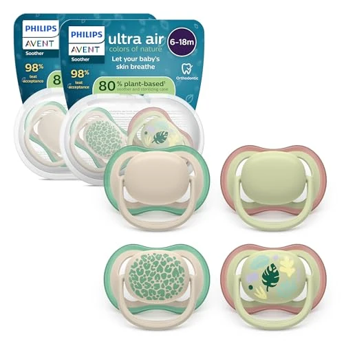 Oferta limitada: Philips Avent chupetes ultra air: diseño anatómico, para bebés de 6 a 18 meses, tetina simétrica de silicona suave, sin BPA, 2 estuches esterilizadores, paquete de 4, SCF087/26 de 14.99 EUR a 14.99 EUR (ahorro 0%)