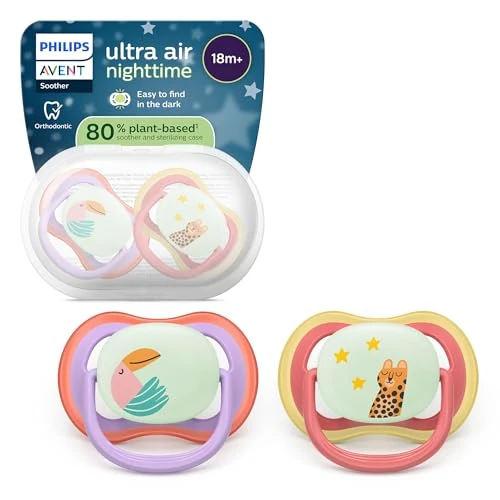 Limited-time offer: Philips Avent Ultra Air Nighttime Soothers - Orthodontic Design, for Babies 18 Months+, Glow in The Dark, Extra-Firm Silicone Symmetrical Teat, BPA-Free, with Sterilizing Case, 2 Pack, SCF376/33 from 7.37 GBP to 7.37 GBP (save 0%)