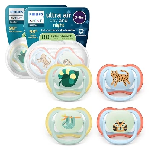 Offerta a tempo: Philips Avent Ultra Air Day & Night Ciuccio - Design ortodontico, per neonati 0-6 mesi, modello fluorescente, tettarella simmetrica in morbido silicone, senza BPA, confezione da 4, SCF087/22 - 30% da 19.99 € a 13.99 €