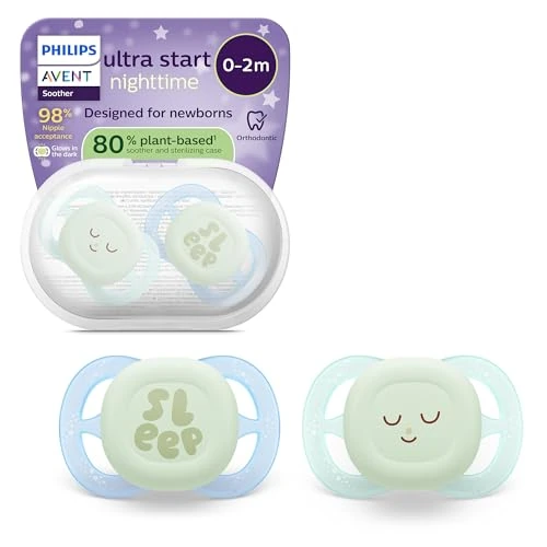 Philips Avent Ultra Start Nighttime Ciuccio - Design ortodontico, per neonati, fluorescente, tettarella simmetrica in morbido silicone, senza BPA, confezione da 2, SCF075/18
