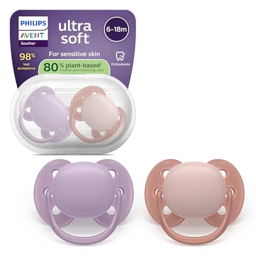Philips Avent Ultra Soft Soothers - Orthodontic Design, for Babies 6-18 Months, Flexible Shield, Silicone Symmetrical Teat, BPA-Free, with Sterilizing Case, 2 Pack, SCF091/43