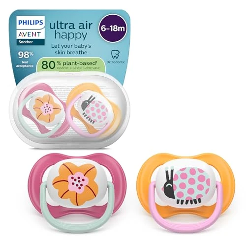 Philips Avent ultra air SCF080/27 smoczek, dopasowany do szczęki, dla niemowląt, 6-18 miesięcy, miękki, symetryczny smoczek silikonowy, nie zawiera BPA, ze zbiornikiem do sterylizacji, 2 sztuki w