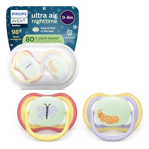 Philips Avent ultra air Nighttime smoczek – kształt odpowiedni dla dzieci w wieku 0-6 miesięcy, świeci w ciemności, miękki, symetryczny silikonowy smoczek, nie zawiera BPA, 2 sztuki, SCF376/25