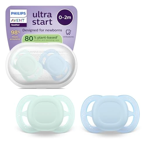 Offerta a tempo: Philips Avent Ultra Start Ciuccio - Design ortodontico, per neonati, tettarella simmetrica in morbido silicone, senza BPA, con custodia per la sterilizzazione, confezione da 2, SCF075/12 - 30% da 9.99 € a 6.99 €