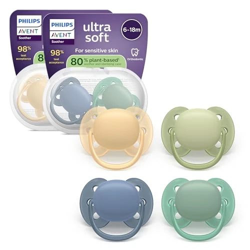 Philips Avent chupetes ultra soft: diseño anatómico, para bebés de 6 a 18 meses, escudo flexible, tetina simétrica de silicona, sin BPA, 2 fundas esterilizadoras, paquete de 4, SCF091/53