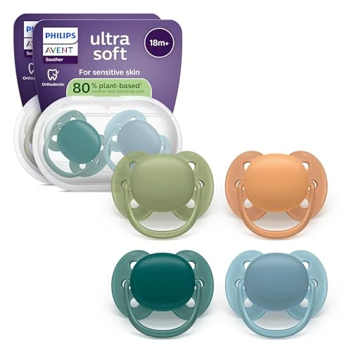 Philips Avent Ultra Soft Ciuccio - Design ortodontico, per neonati 0-18 mesi, scudo flessibile, tettarella simmetrica extra rigida in morbido silicone, senza BPA, confezione da 4, SCF093/08