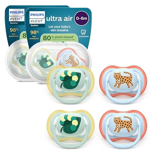 Limited-time offer: Philips Avent Ultra Air Soothers - Orthodontic Design, for Babies 0-6 Months, Soft Silicone Symmetrical Teat, BPA-Free, 2 Sterilizing Cases, 4 Pack, SCF087/19 from 13.99 GBP to 10.99 GBP (save 21%)
