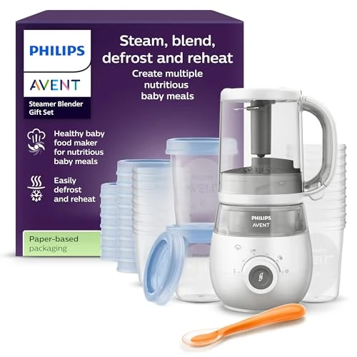 Philips Avent set de regalo de batidora con vaporera: robot de cocina infantil 4 en 1, cocine al vapor, bata, descongele y vuelva a calentar la comida, con vasos de almacenamiento y tapas, SCF883/20