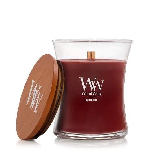 WoodWick Geurkaars met krakende lont | Rouge Oud middelgrote zandloperkaars | Lange brandende kaarsen: tot 60 uur | Perfect cadeau voor vrouwen