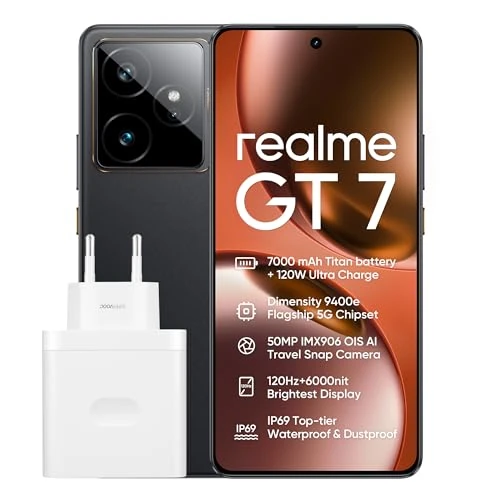 realme GT7 5G Smartphone, 12 GB + 256 GB, dichtheid 9400e Flagship 5G chipset, 7000 mAh batterij, 120 W lading, 50 MP IMX906 OIS camera, 120 Hz 6000nit display, IP69, zwart