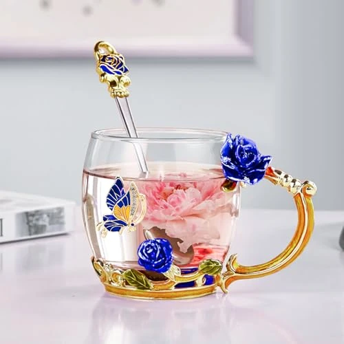 Tukeoo Regalos de Navidad para mujeres mamá: 330 ml regalos personalizados flores taza de té/tazas de café de cristal, regalo de Papá Noel para Navidad, día de la madre cumpleaños