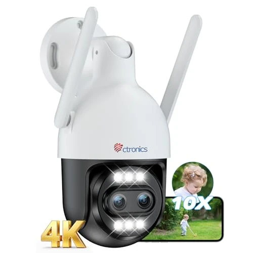 Ctronics [Hybrydowy zoom 10X 4K Zewnętrzna kamera nadzorująca, podwójny obiektyw, metalowa kamera IP 2,4/5 GHz WiFi, automatyczne śledzenie/wykrywanie hum/veh/ANI, 256GB TF/Cloud/PC, noktowizor kolor