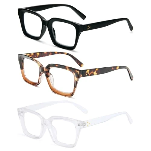 MMOWW 3-pack rechthoekige leesbril: oversized vierkant frame anti-blauw licht damesbril heren (zwart + schildpad + transparantie, 3.0)