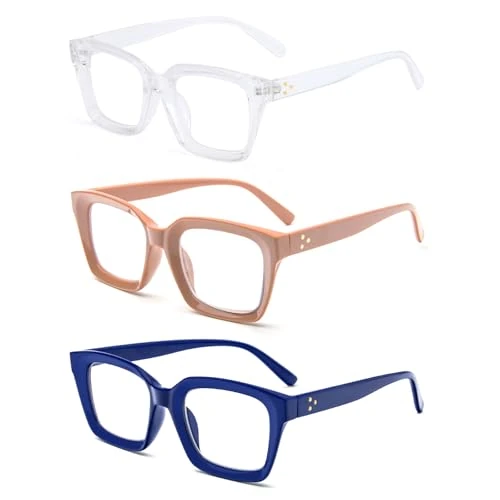 Offerta a tempo: MMOWW Confezione da 3 Occhiali da Lettura Rettangolari: Oversized Square Frame Anti Luce Blu Occhiali donna uomo (Trasparente marrone blu, 2.5) - 5% da 10.10 € a 9.59 €