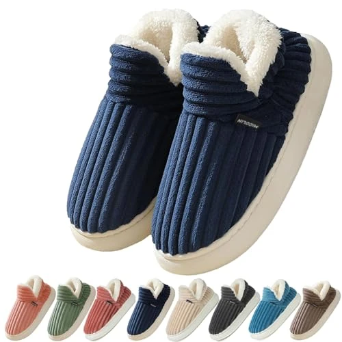 Coswind Women's Men's Winter Slippers Warm Closed Plush Slippers with Memory Foam Furry Elegant Comfortable Soft Non-Slip, dark blue, 8/9 UK