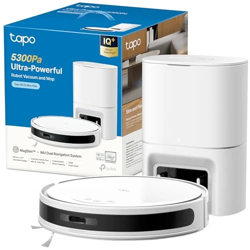 Offre limitee: Tapo Aspirateur Robot Laveur 2 en 1 RV20Max Plus White, Vidage Automatique, Silencieux ultra fin, Ultra puissante de 5300Pa, Navigation LiDAR, Auto-Charge Autonomie 180min, Tapis et Poils d'animaux de 199.99 EUR a 169.99 EUR (economie 15%)