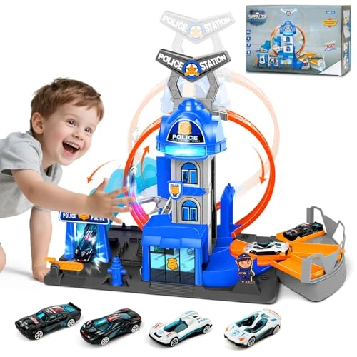 Charmofun City loopingbaan politiestation speelset, speelgoedauto trackset met 4 politieauto's, 3 parkeerplaatsen, hefbare afstand & licht/geluidseffecten, katapult rails geschikt voor kinderen vanaf