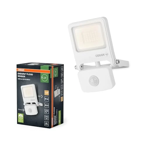 OSRAM Proiettore LED ENDURA FLOOD PC 20W con sensore, bianco caldo 3000K, 1800 lumen, proiettore IP44 con rilevatore IR, spegnimento automatico in base alla luce diurna, bianco