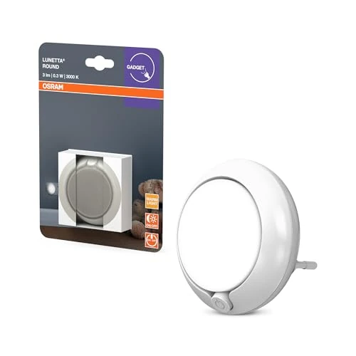 OSRAM LUNETTA Luce notturna rotonda bianca con sensore; Tecnologia LED; Flusso luminoso 3 lm; 3000 K bianco caldo; interruttore on/off; installazione della presa