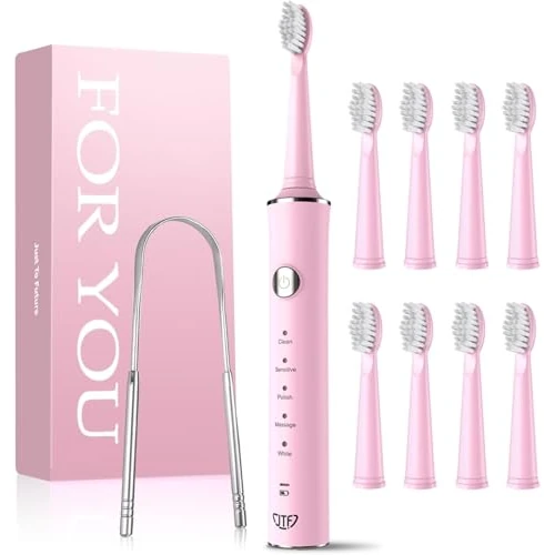 JTF Electric Sonic Toothbrush with Tongue Cleaner, 8 Brush Heads, 5 Modes & Smart Memory, 2 Minute Timer, IPX7 Waterproof, Rechargeability, Quick Charge 3H, Adults (Pink)